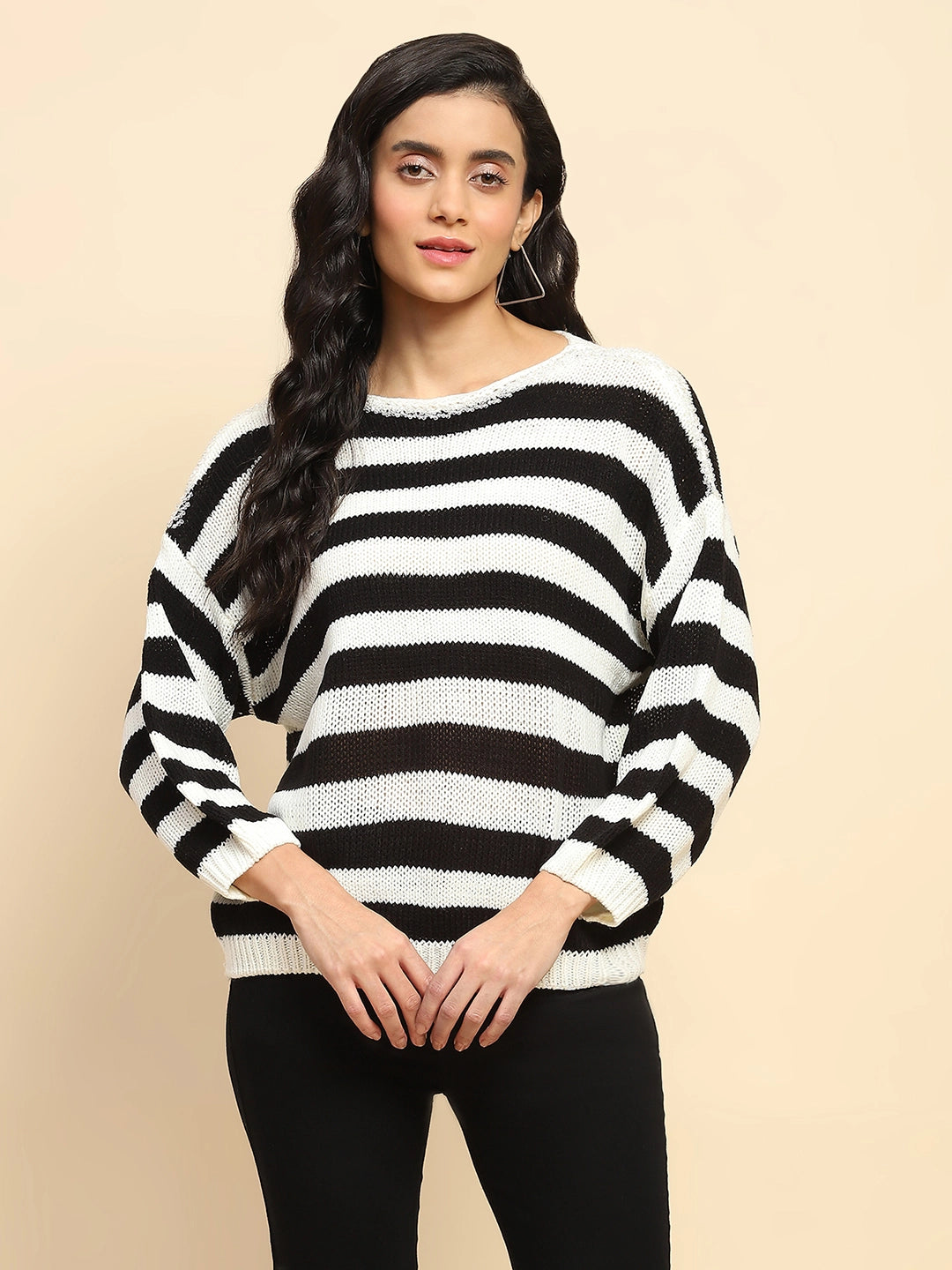 Black Acrylic Relaxed Fit Pullover For Women - Global Republic