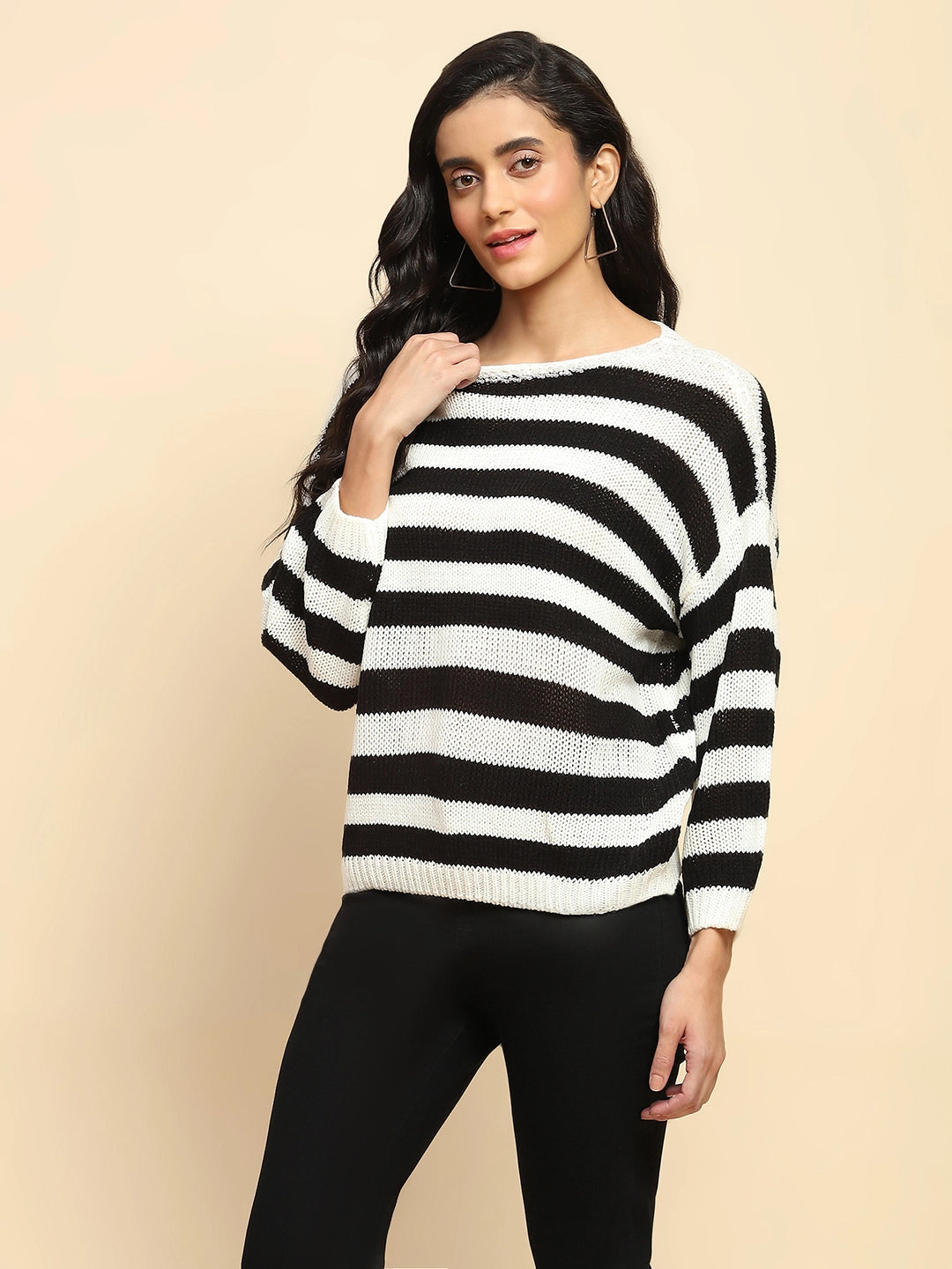 Black Acrylic Relaxed Fit Pullover For Women - Global Republic