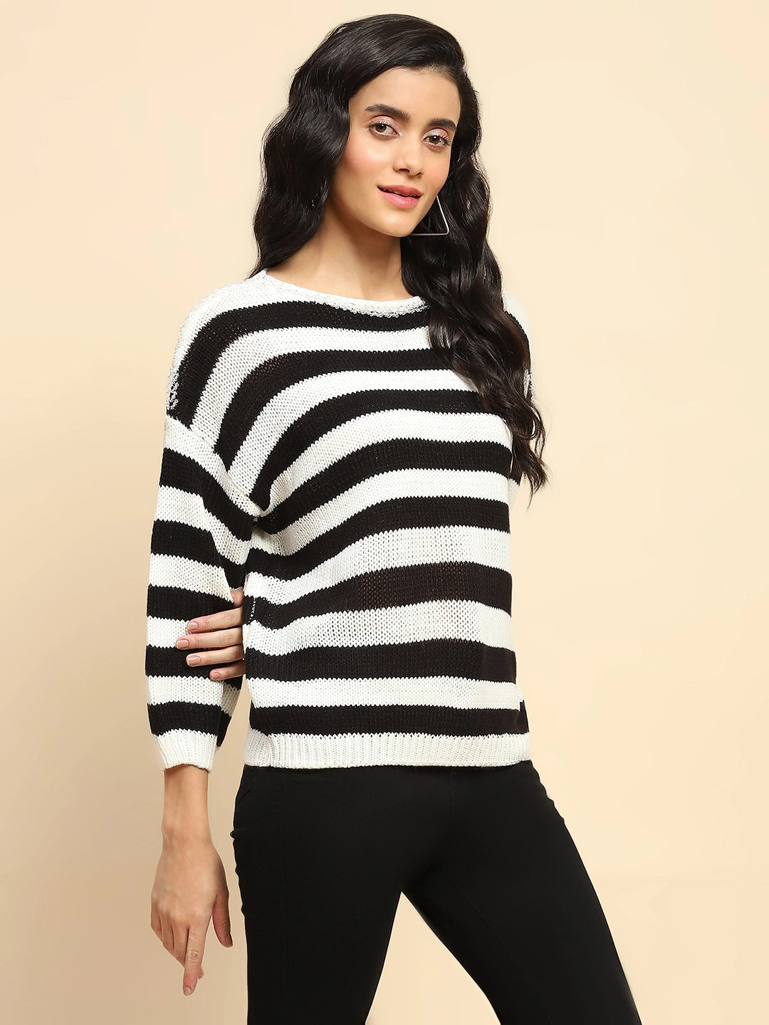 Black Acrylic Relaxed Fit Pullover For Women - Global Republic
