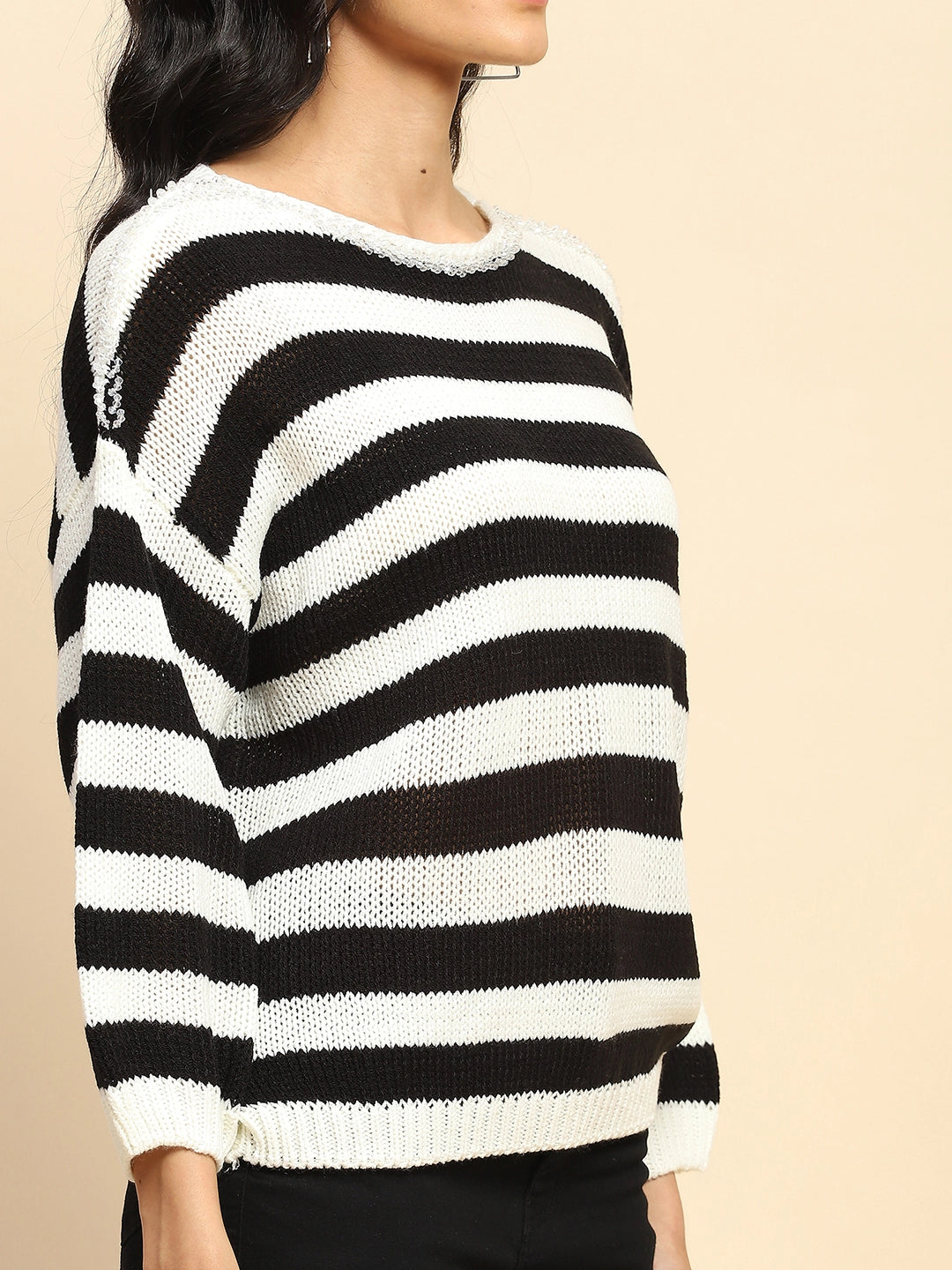 Black Acrylic Relaxed Fit Pullover For Women - Global Republic