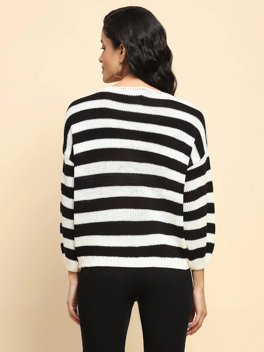 Black Acrylic Relaxed Fit Pullover For Women - Global Republic