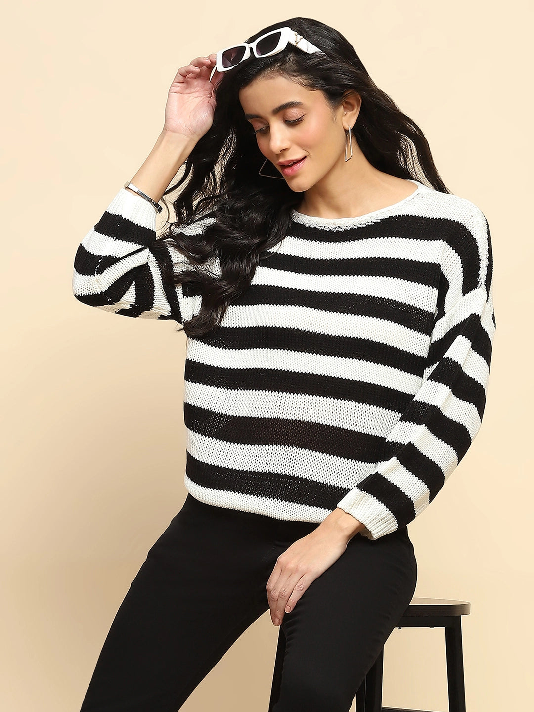 Black Acrylic Relaxed Fit Pullover For Women - Global Republic