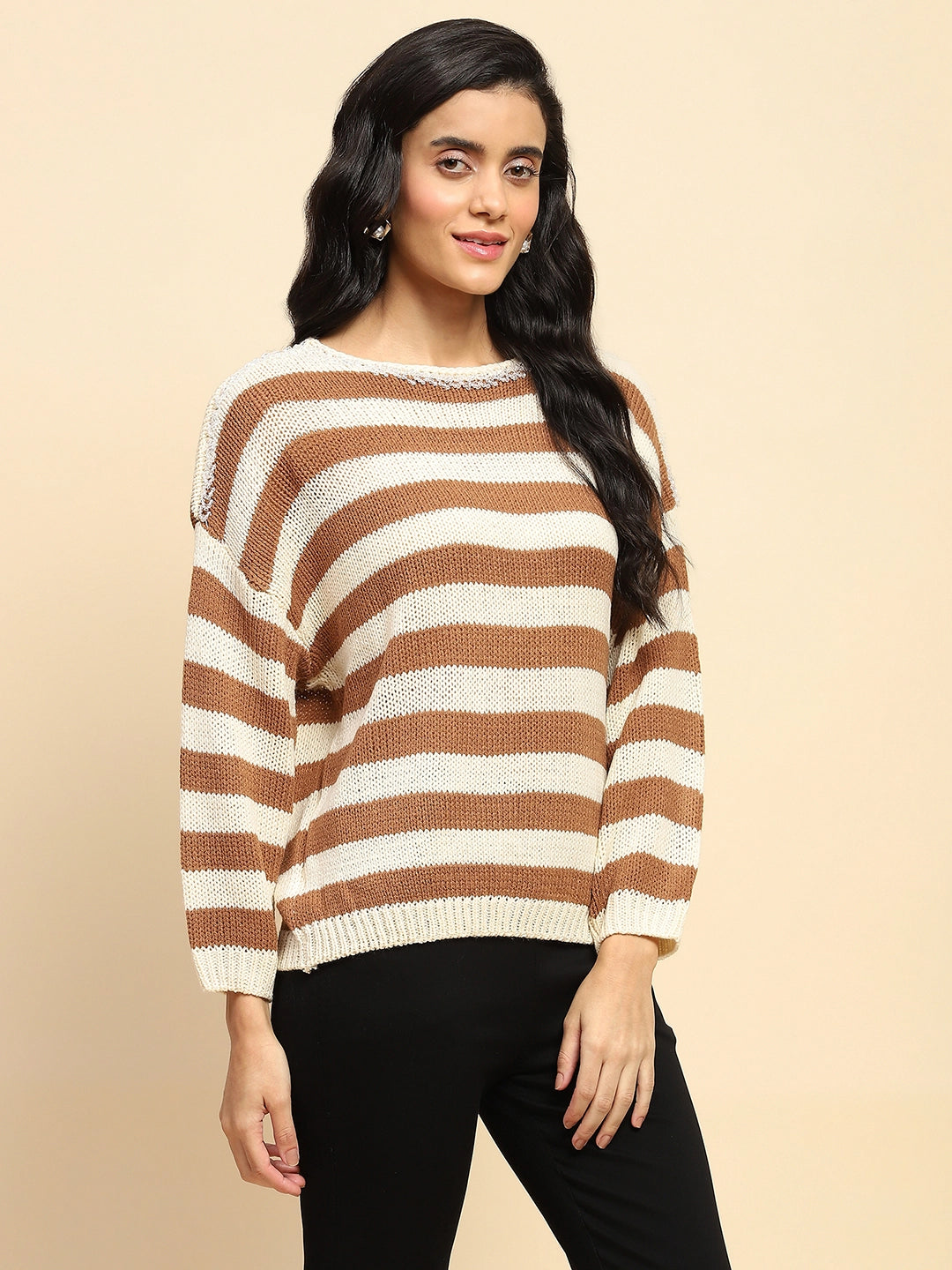 Brown Acrylic Striped Relaxed Pullover - Global Republic