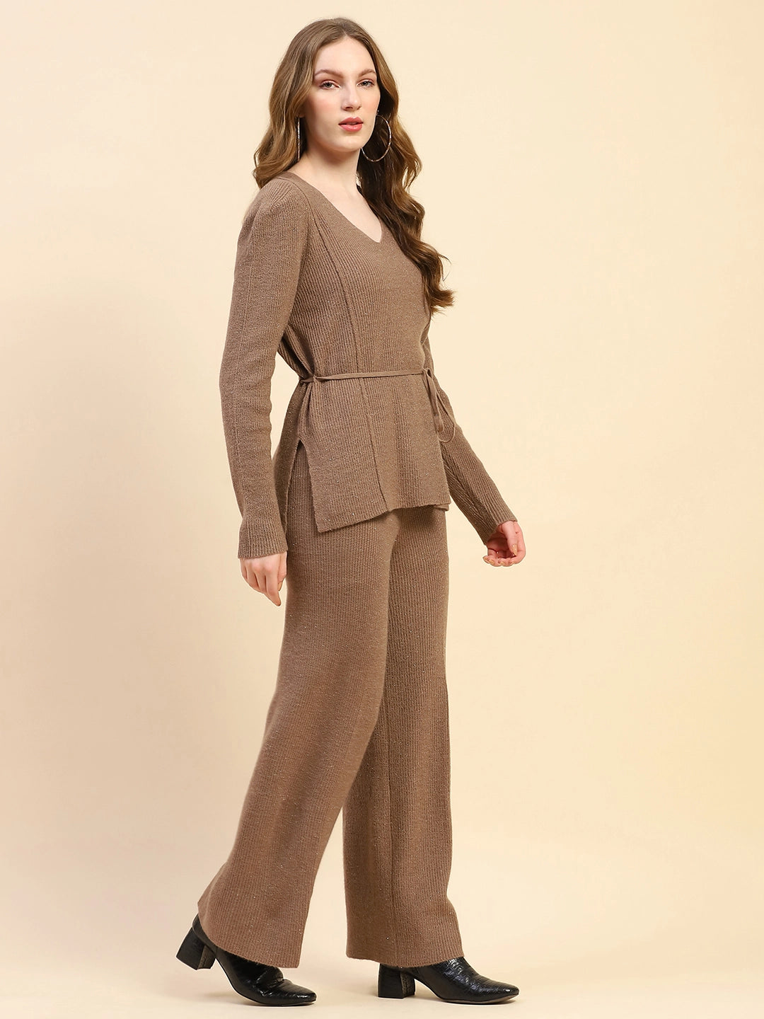 Brown Solid Acrylic Blend Winter Co-ord Set - Global Republic