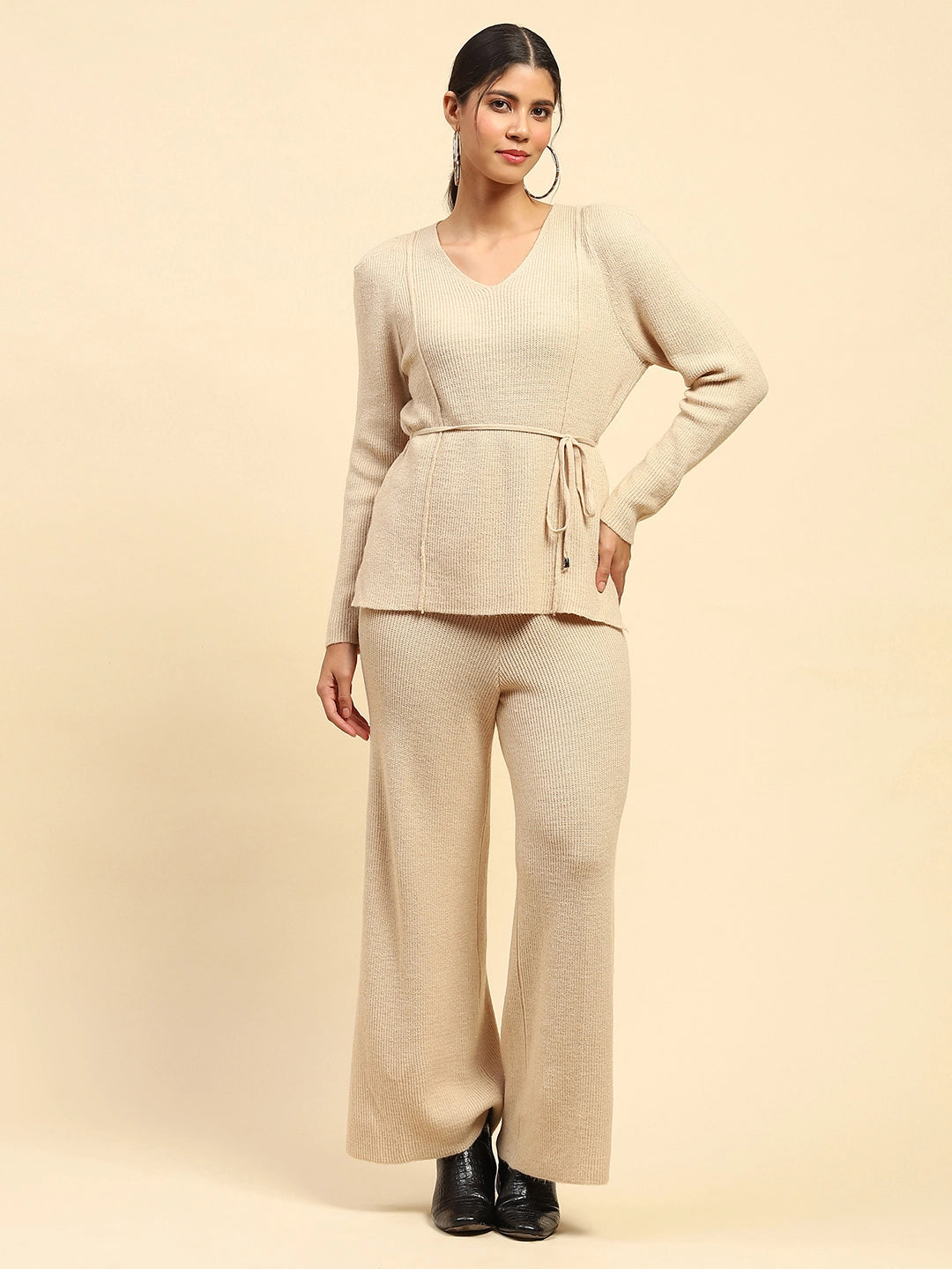 Beige Solid Acrylic Fit Winter Co-ord Set - Global Republic