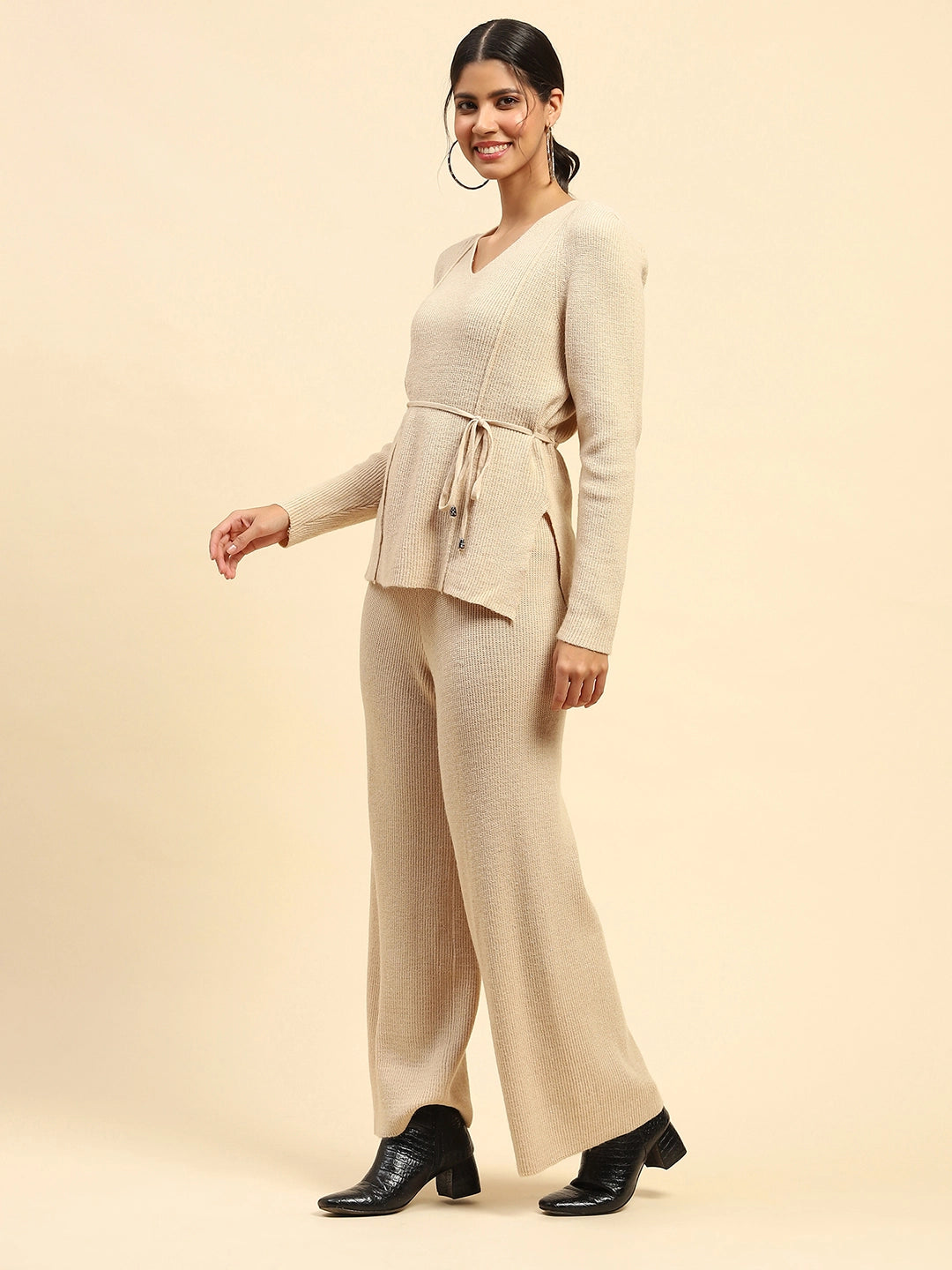 Beige Solid Acrylic Fit Winter Co-ord Set - Global Republic