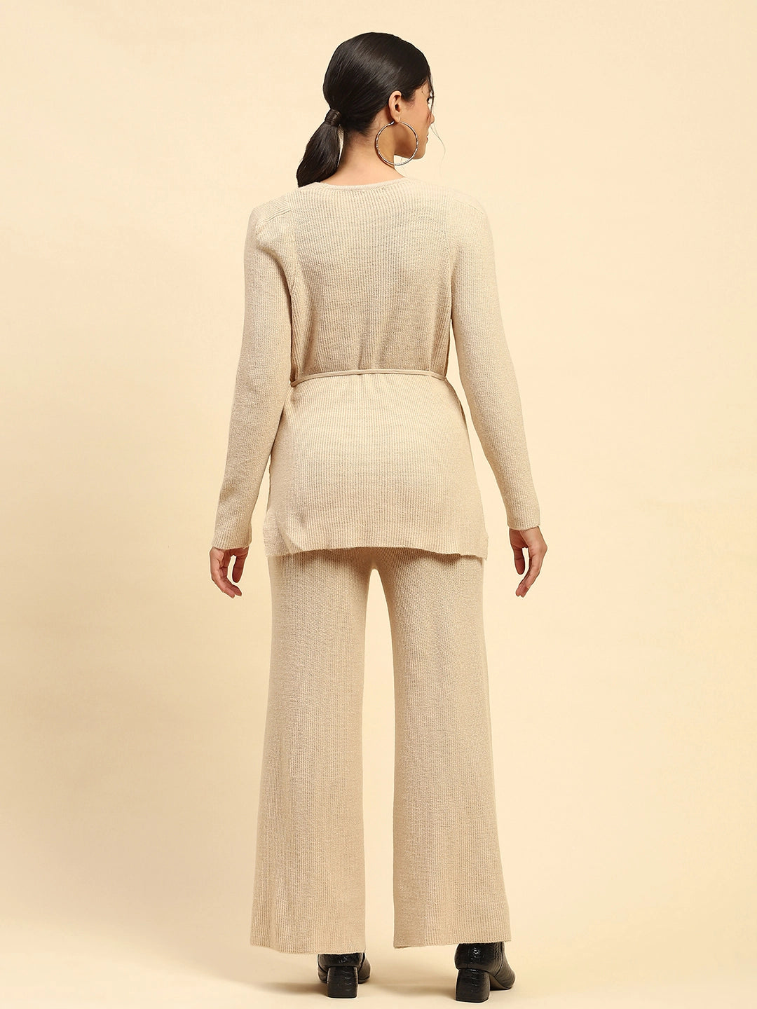 Beige Solid Acrylic Fit Winter Co-ord Set - Global Republic