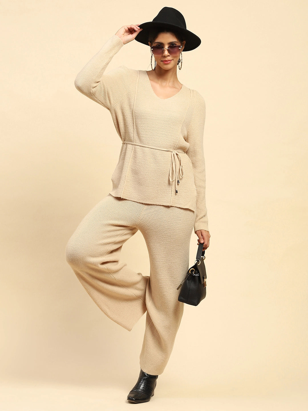 Beige Solid Acrylic Fit Winter Co-ord Set - Global Republic