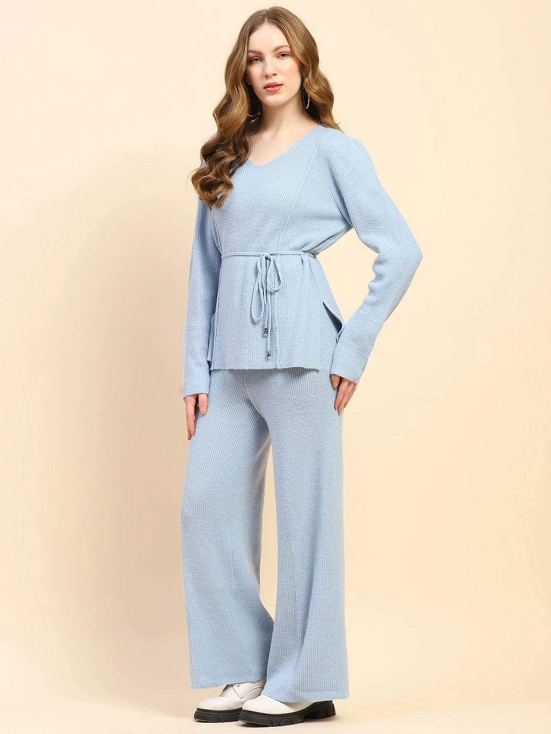 Blue Solid Acrylic Blend Winter Co-ord Set - Global Republic