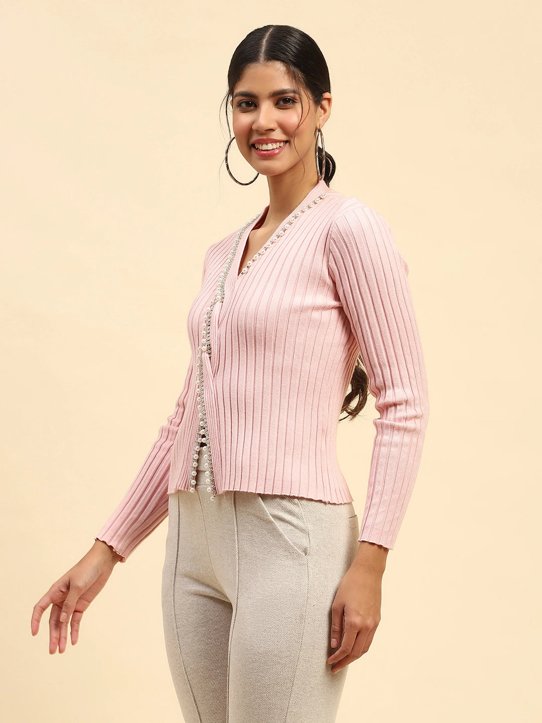 Pink embellished Viscose Crop Pullover - Global Republic