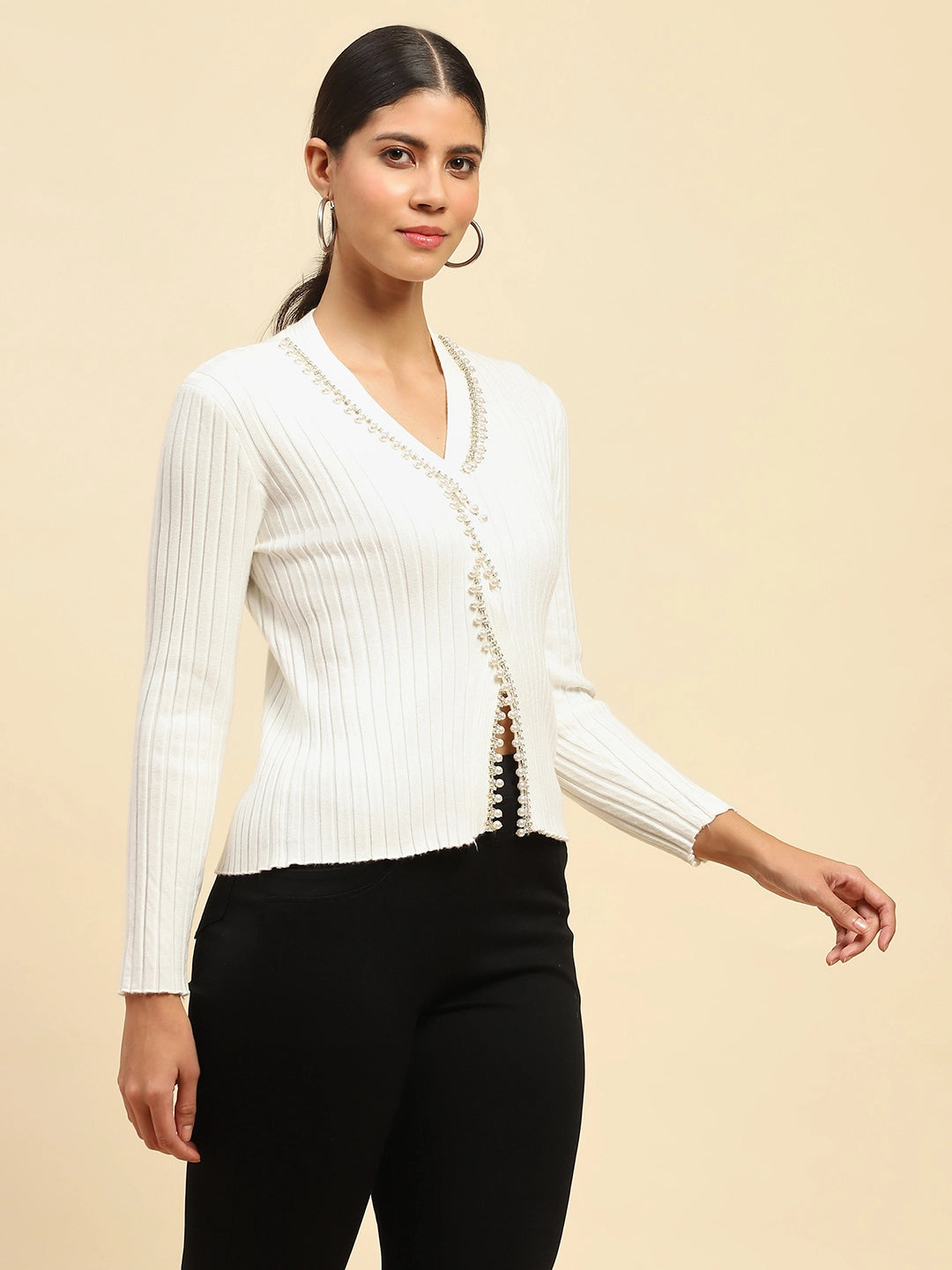 White Embellished Viscose Crop Pullover - Global Republic
