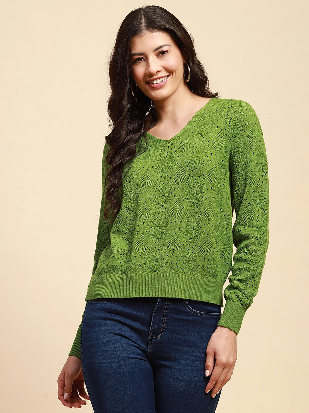 Green Viscose Blend Relaxed Fit Pullover For Women - Global Republic