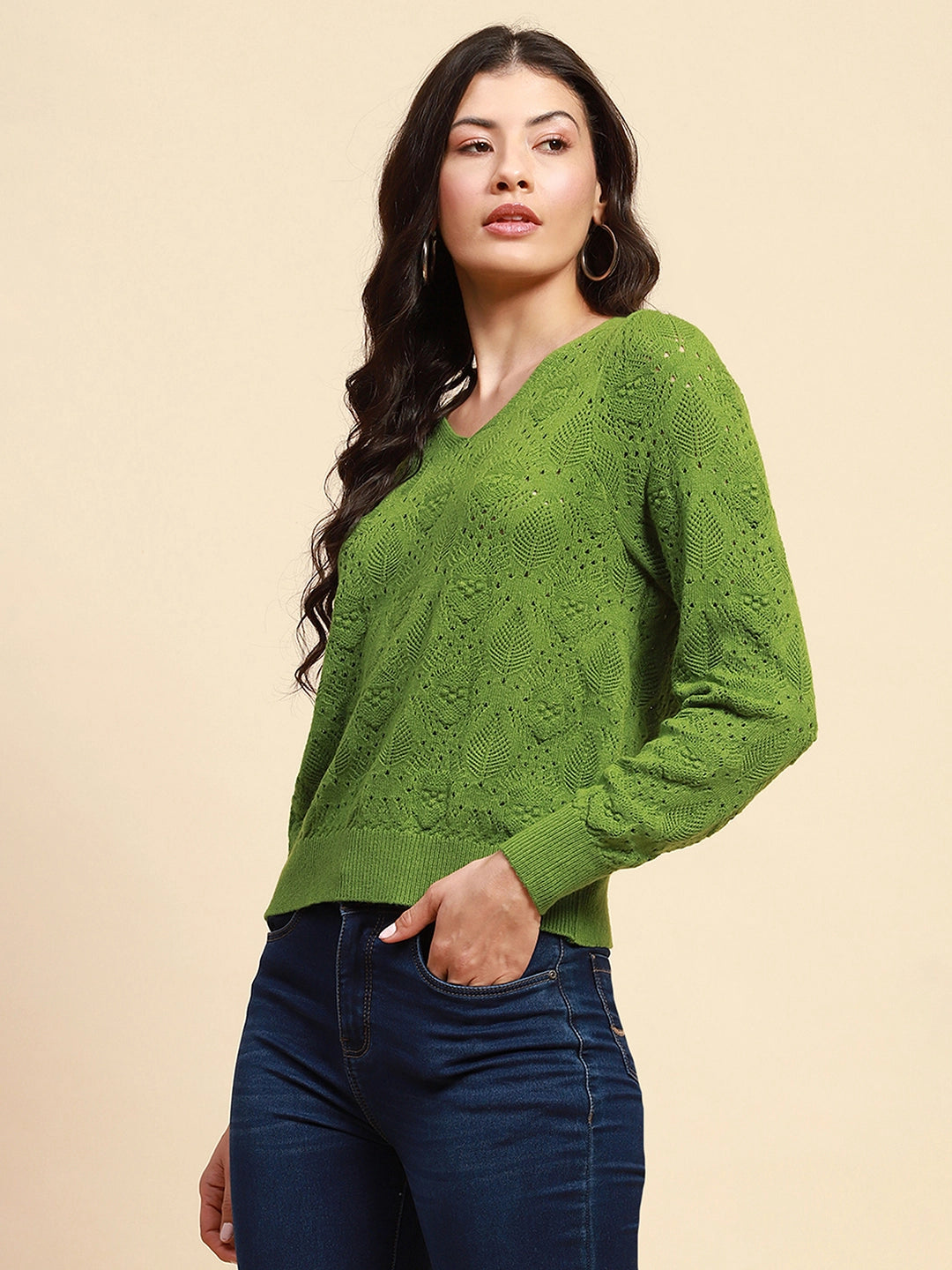 Green Viscose Blend Relaxed Fit Pullover For Women - Global Republic
