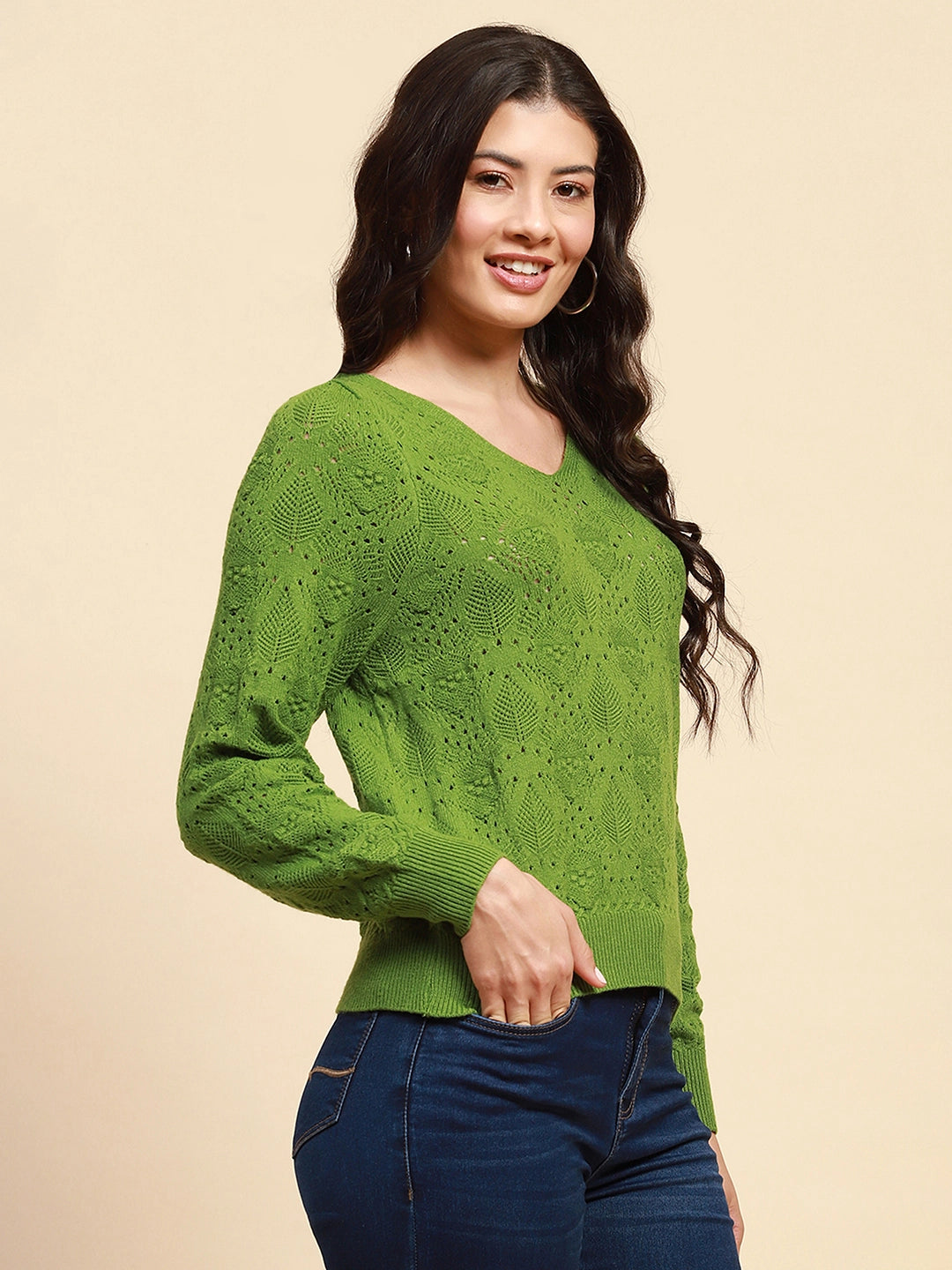 Green Viscose Blend Relaxed Fit Pullover For Women - Global Republic
