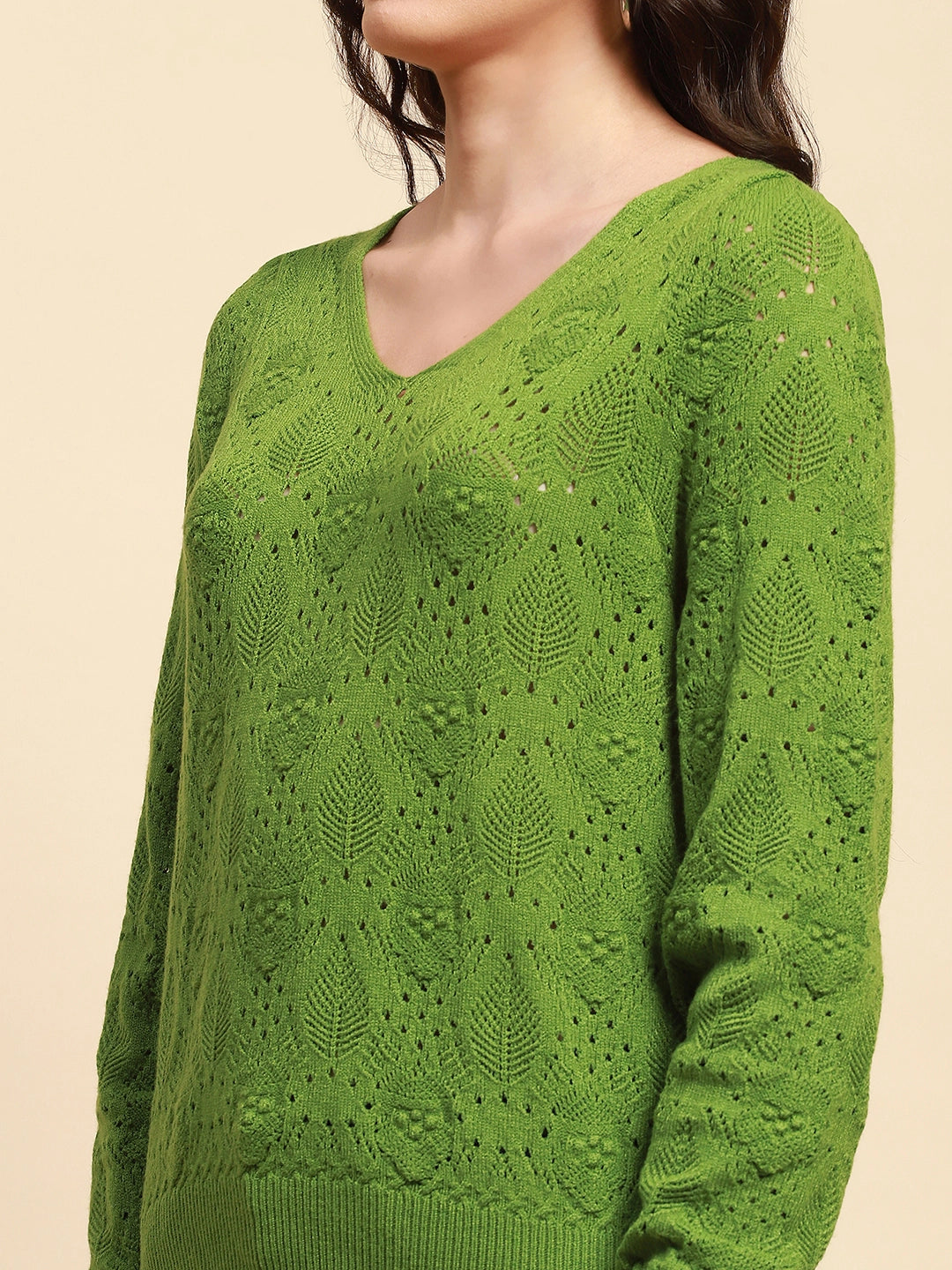 Green Viscose Blend Relaxed Fit Pullover For Women - Global Republic