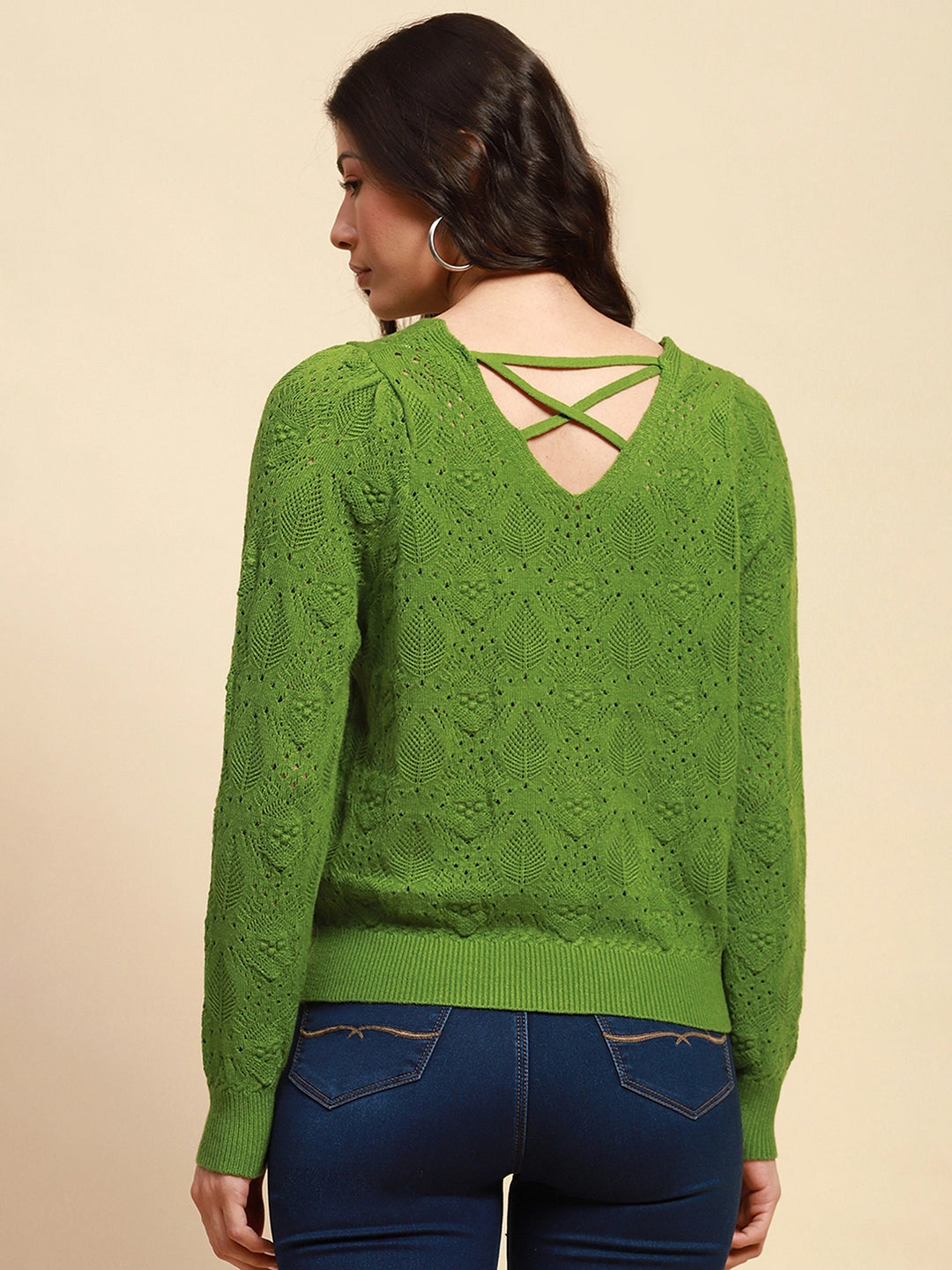 Green Viscose Blend Relaxed Fit Pullover For Women - Global Republic