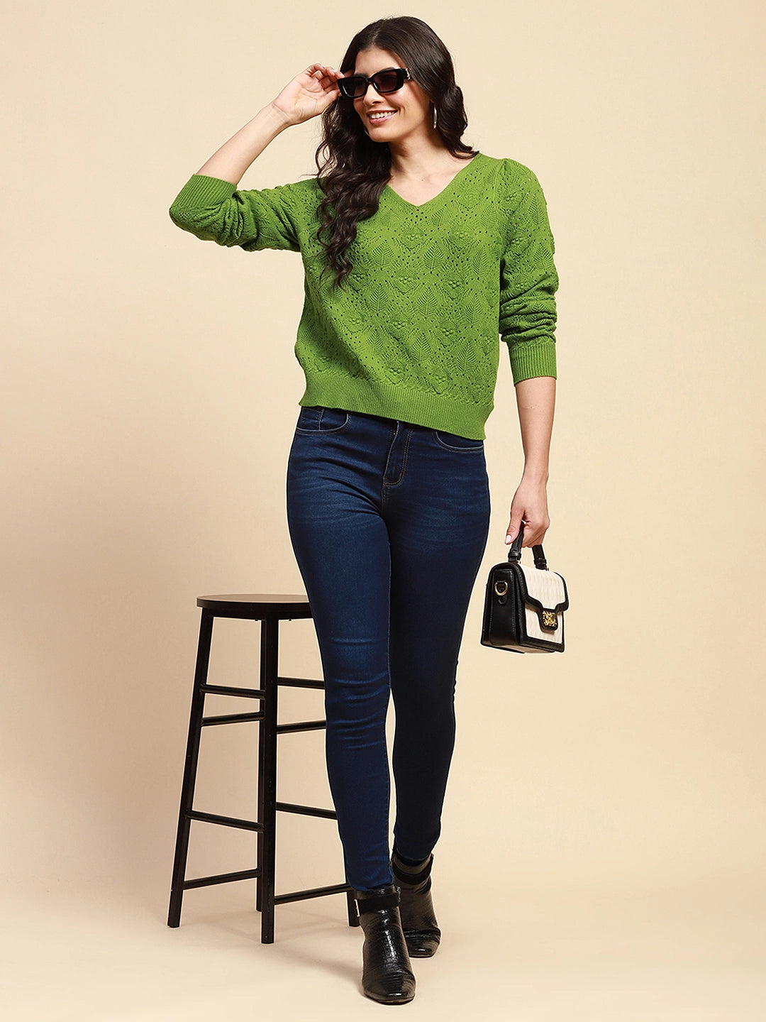 Green Viscose Blend Relaxed Fit Pullover For Women - Global Republic