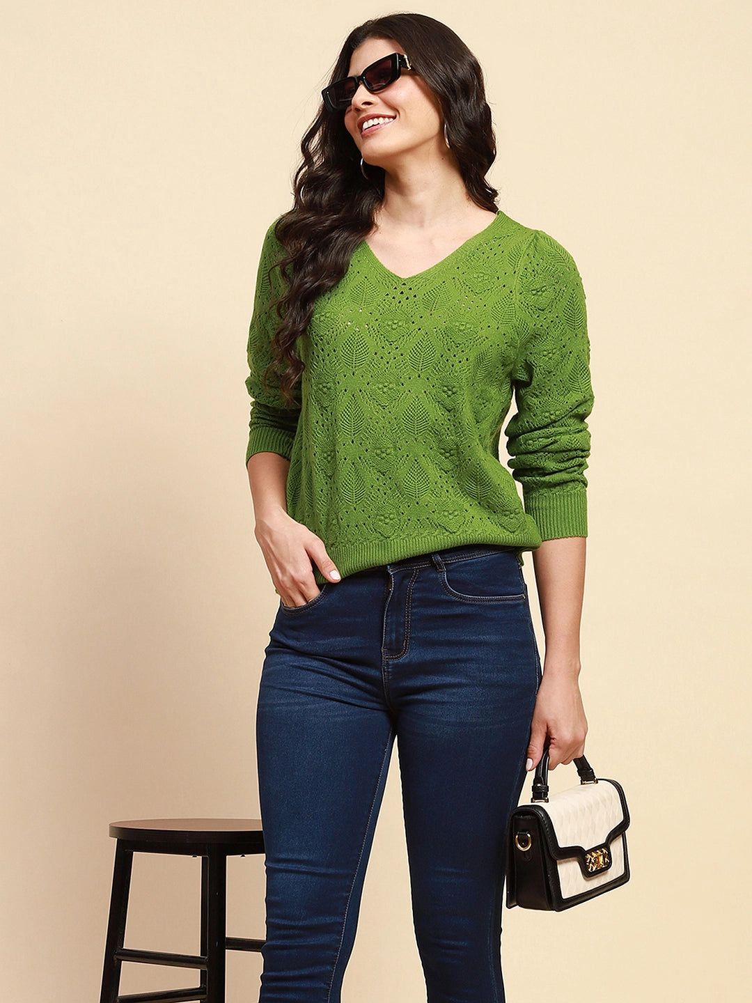 Green Viscose Blend Relaxed Fit Pullover For Women - Global Republic