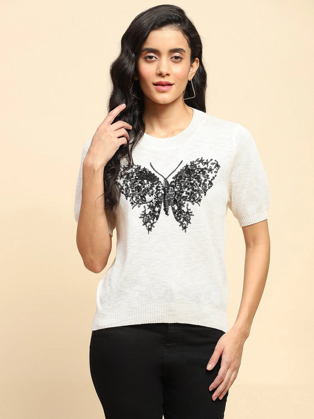 Cream Embellished Viscose Top - Global Republic