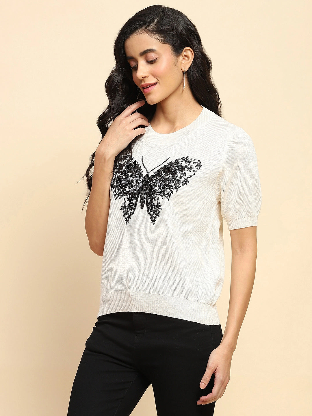 Cream Embellished Viscose Top - Global Republic