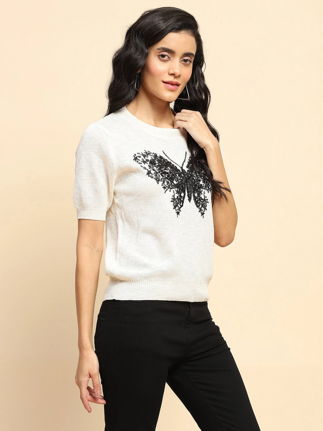 Cream Embellished Viscose Top - Global Republic