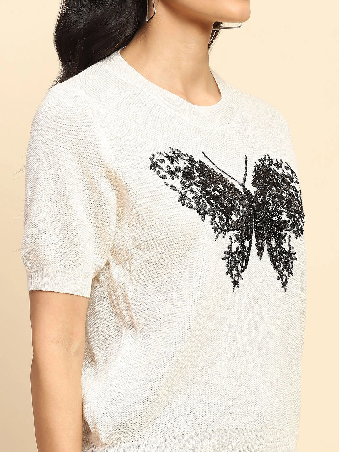 Cream Embellished Viscose Top - Global Republic