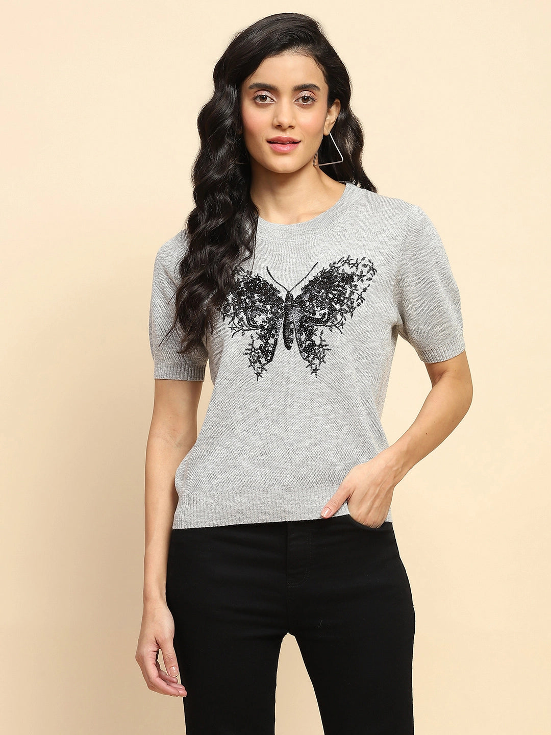 Grey Embellished Viscose Top - Global Republic