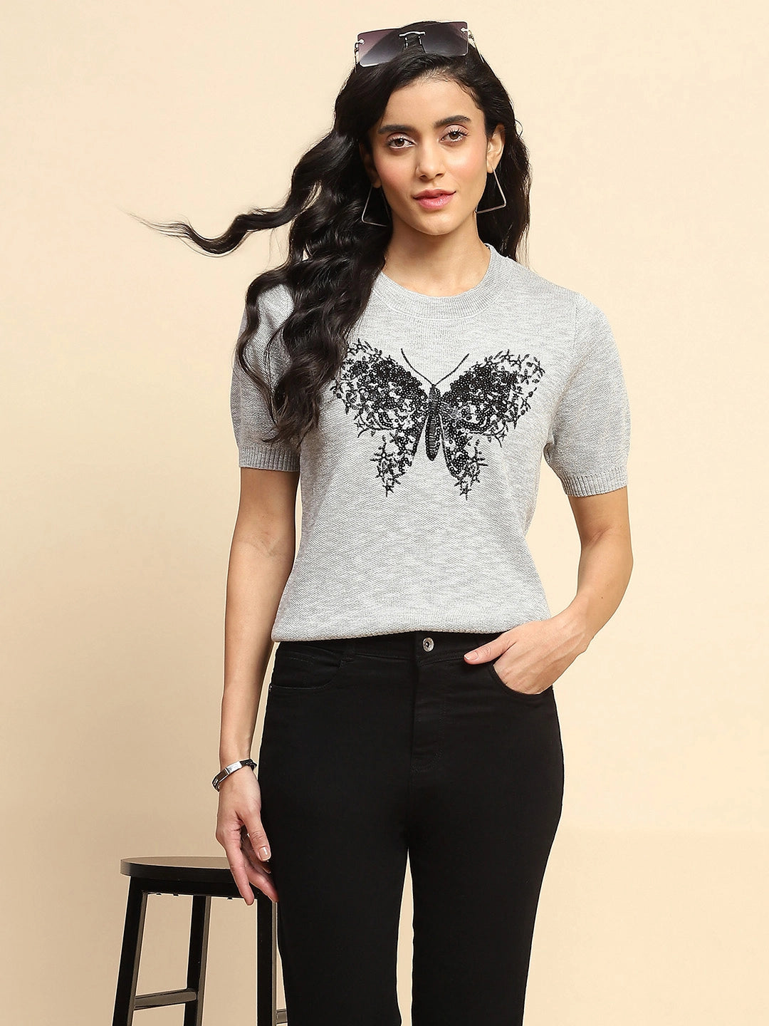 Grey Embellished Viscose Top - Global Republic