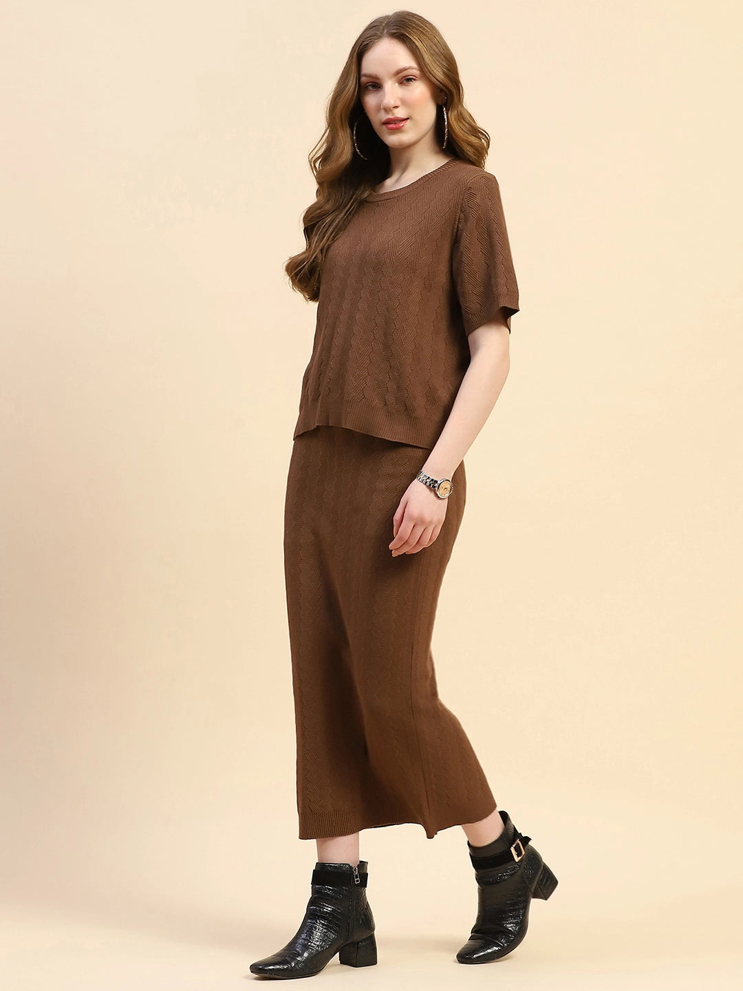 Brown Solid Viscose Blend Co-ord Set - Global Republic