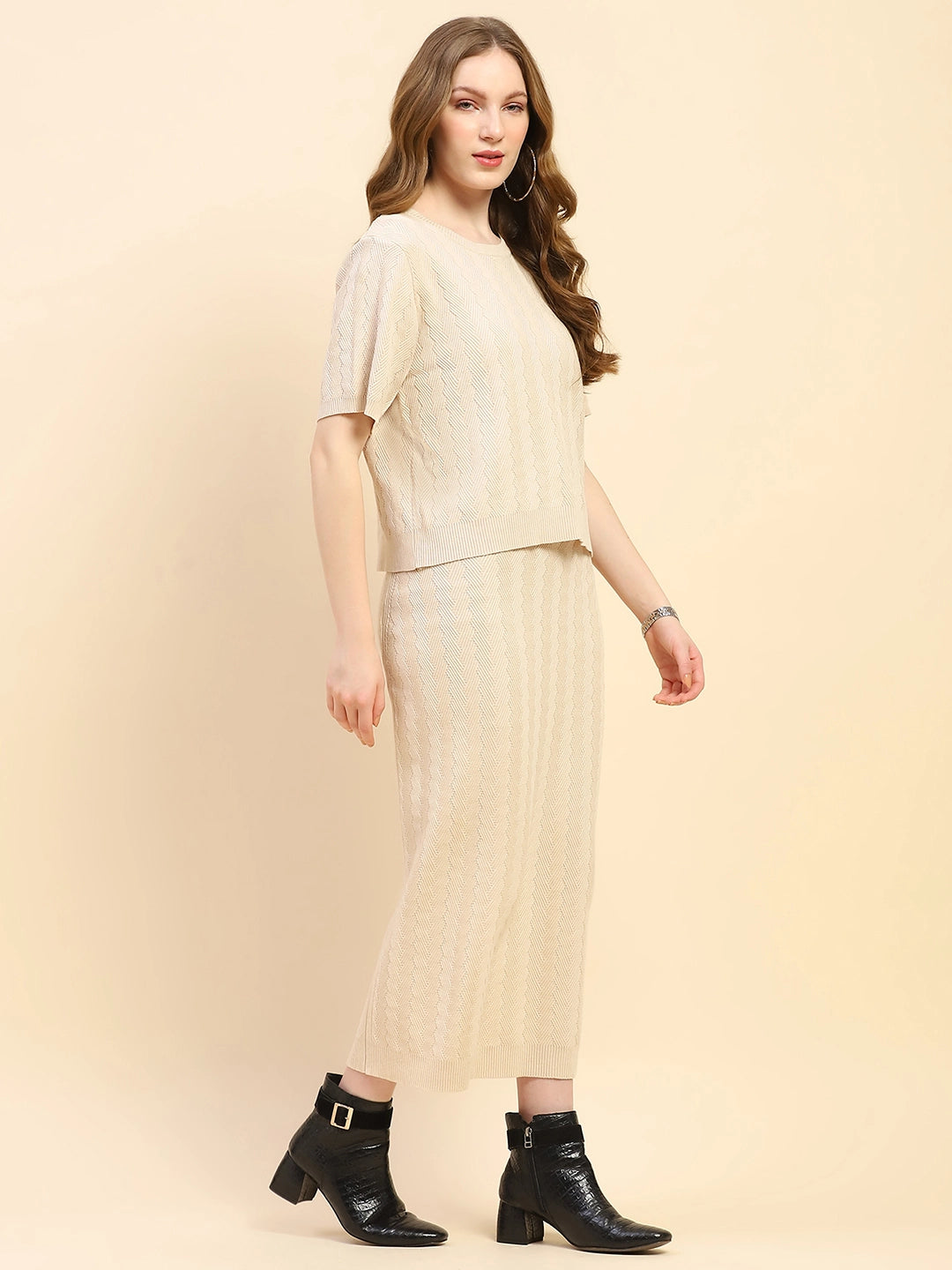 Beige Solid Viscose Blend Co-ord Set - Global Republic