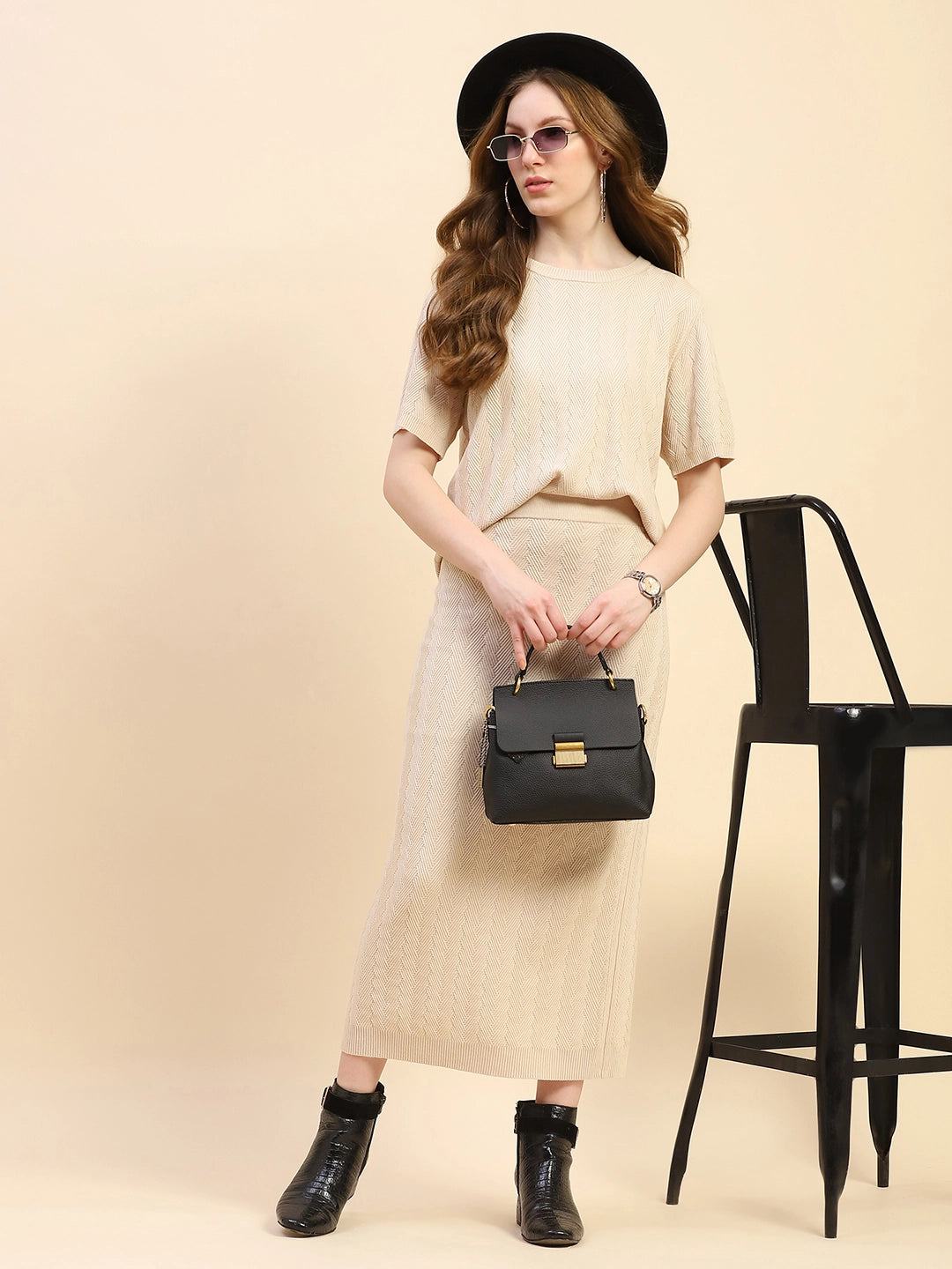 Beige Solid Viscose Blend Co-ord Set - Global Republic