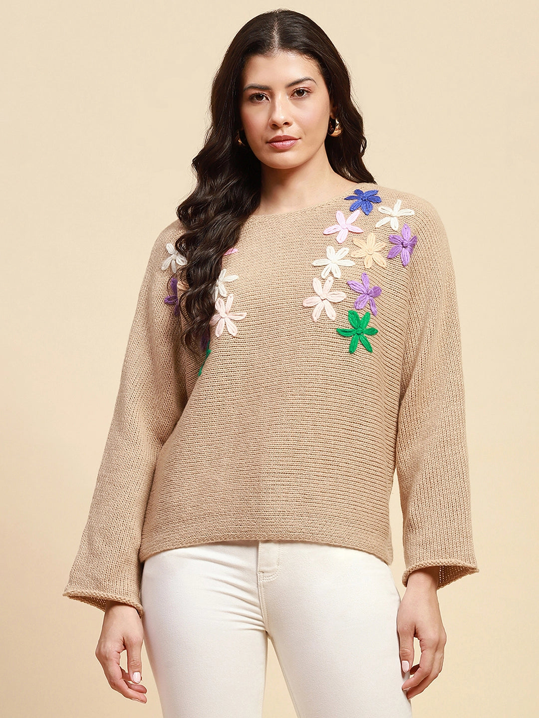 Khaki Loose Embroidered Pullover - Global Republic