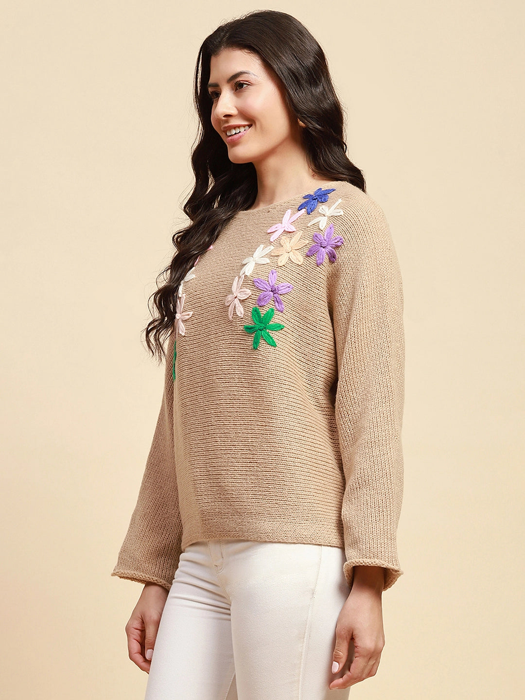 Khaki Loose Embroidered Pullover - Global Republic