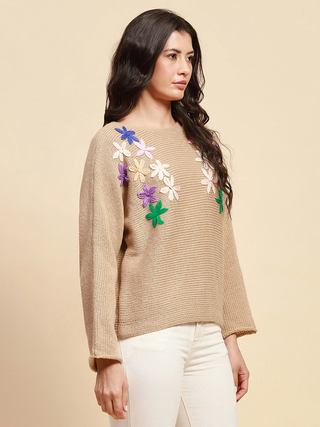 Khaki Loose Embroidered Pullover - Global Republic