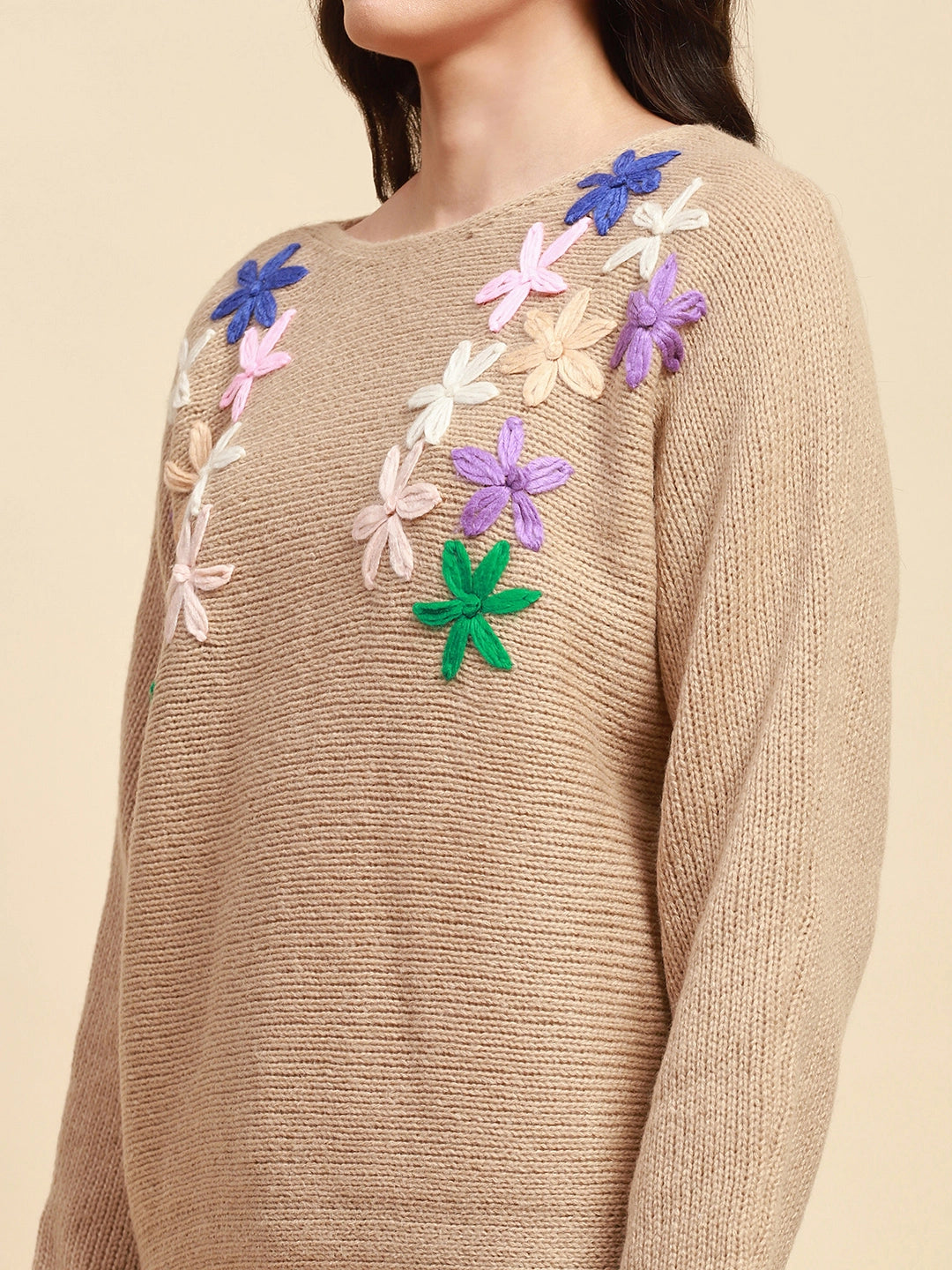 Khaki Loose Embroidered Pullover - Global Republic