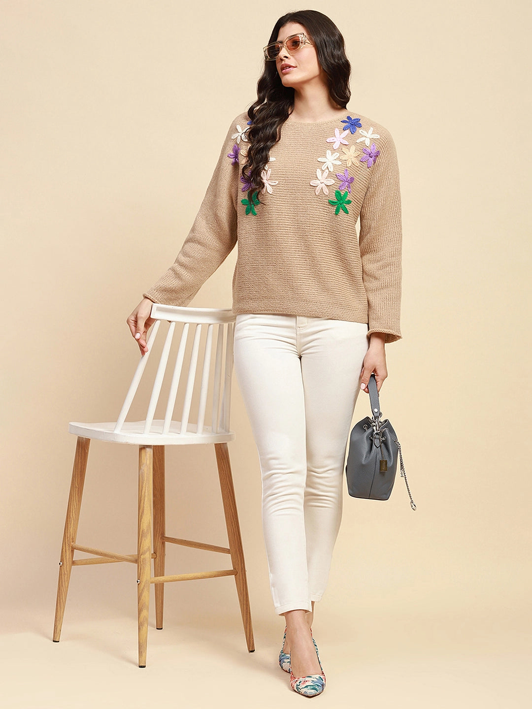 Khaki Loose Embroidered Pullover - Global Republic