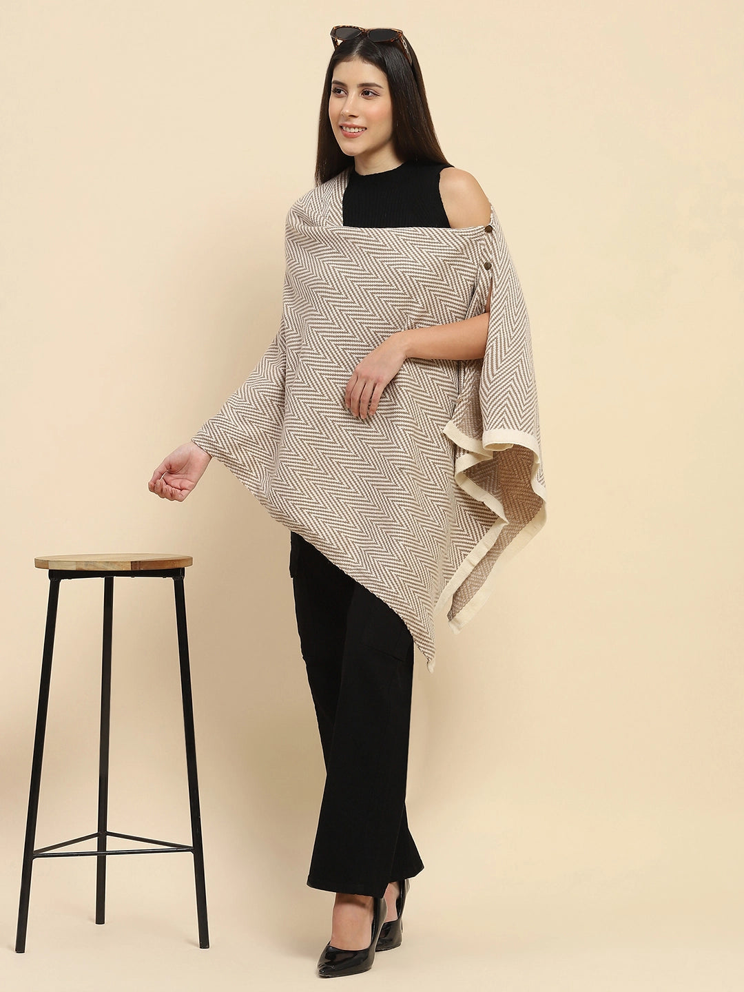 Beige Viscose Knitted Loose Cape/ Shawl - Global Republic