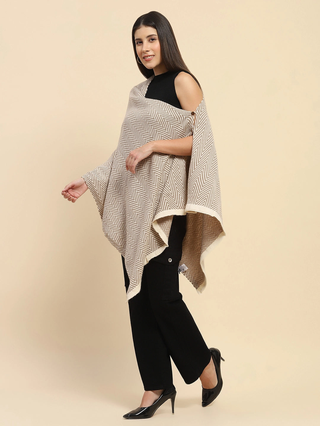 Beige Viscose Knitted Loose Cape/ Shawl - Global Republic