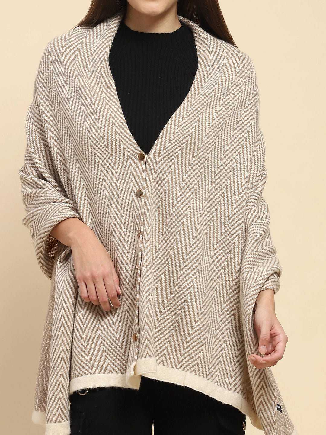 Beige Viscose Knitted Loose Cape/ Shawl - Global Republic