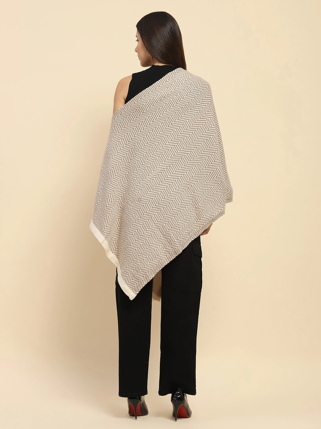 Beige Viscose Knitted Loose Cape/ Shawl - Global Republic