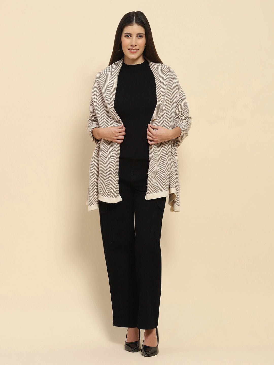 Beige Viscose Knitted Loose Cape/ Shawl - Global Republic