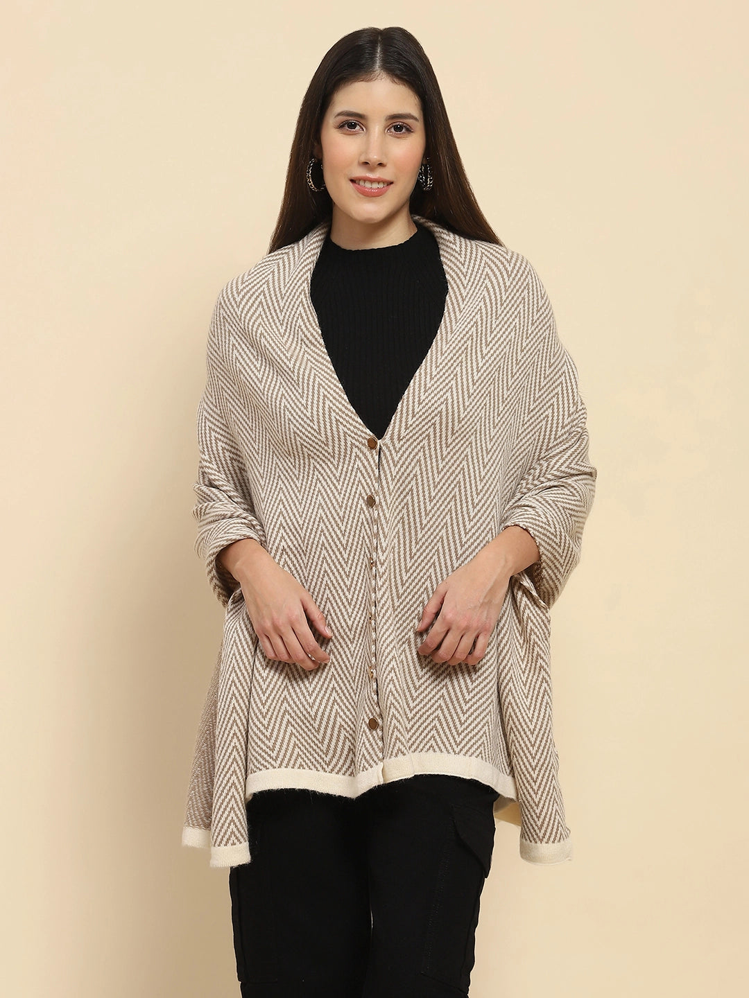 Beige Viscose Knitted Loose Cape/ Shawl - Global Republic