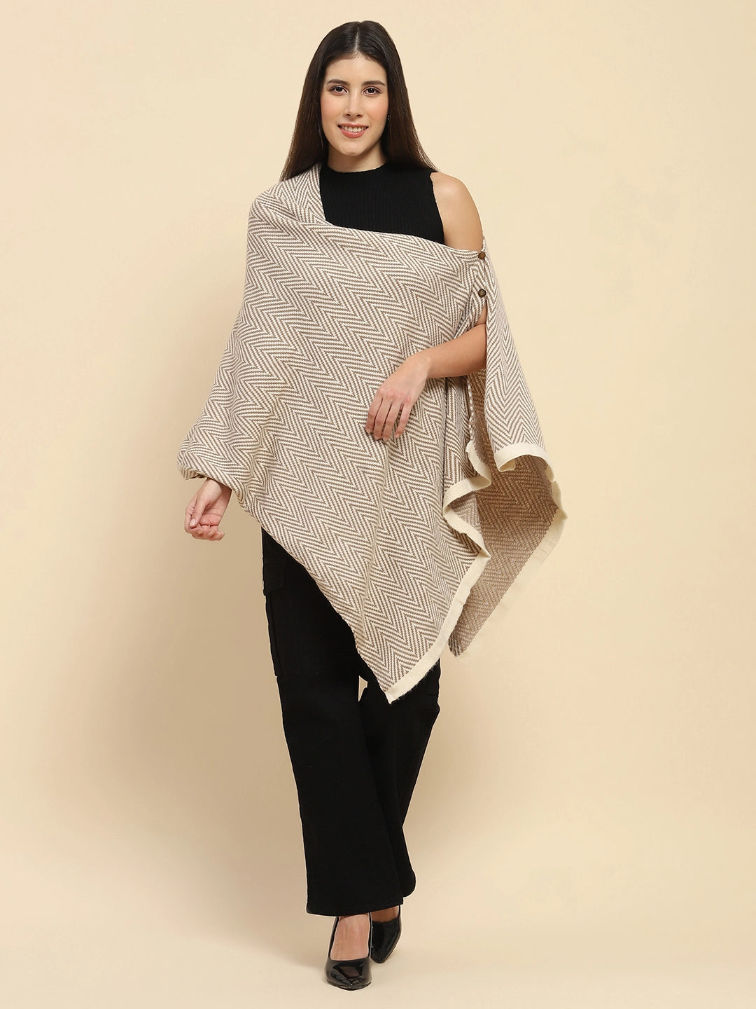 Beige Viscose Knitted Loose Cape/ Shawl - Global Republic