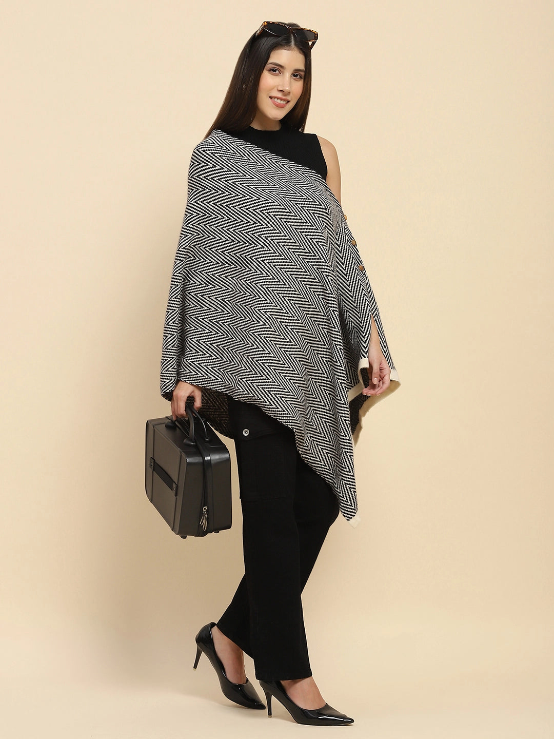 Black Viscose Knitted Loose Cape/Shawl - Global Republic