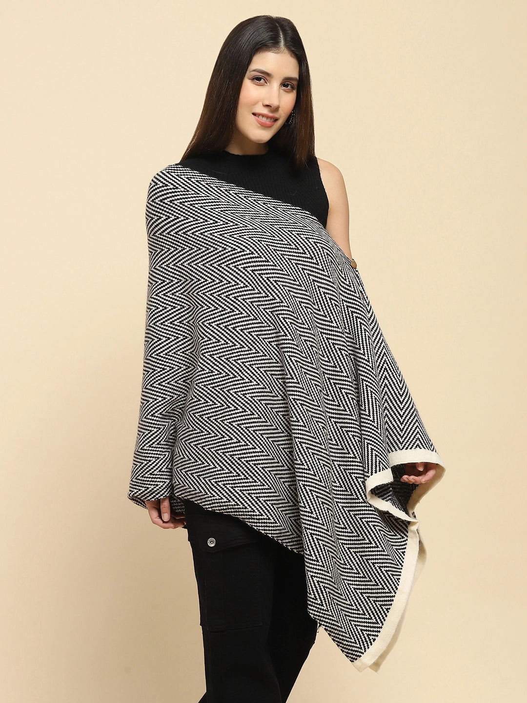 Black Viscose Knitted Loose Cape/Shawl - Global Republic
