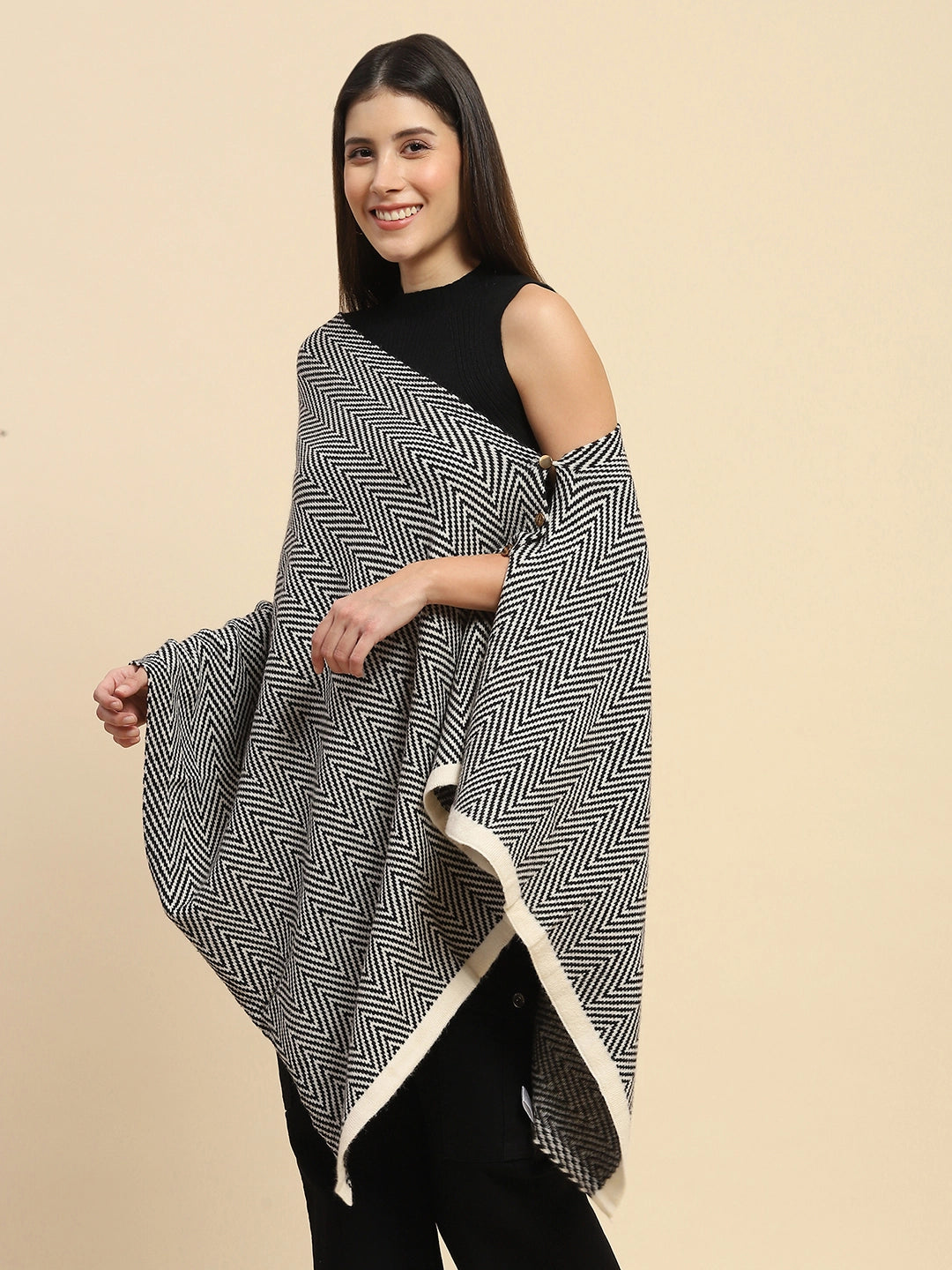 Black Viscose Knitted Loose Cape/Shawl - Global Republic