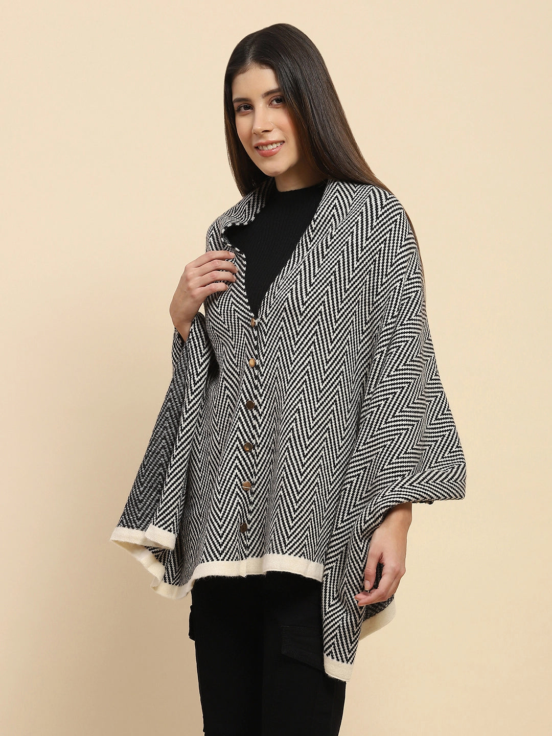 Black Viscose Knitted Loose Cape/Shawl - Global Republic