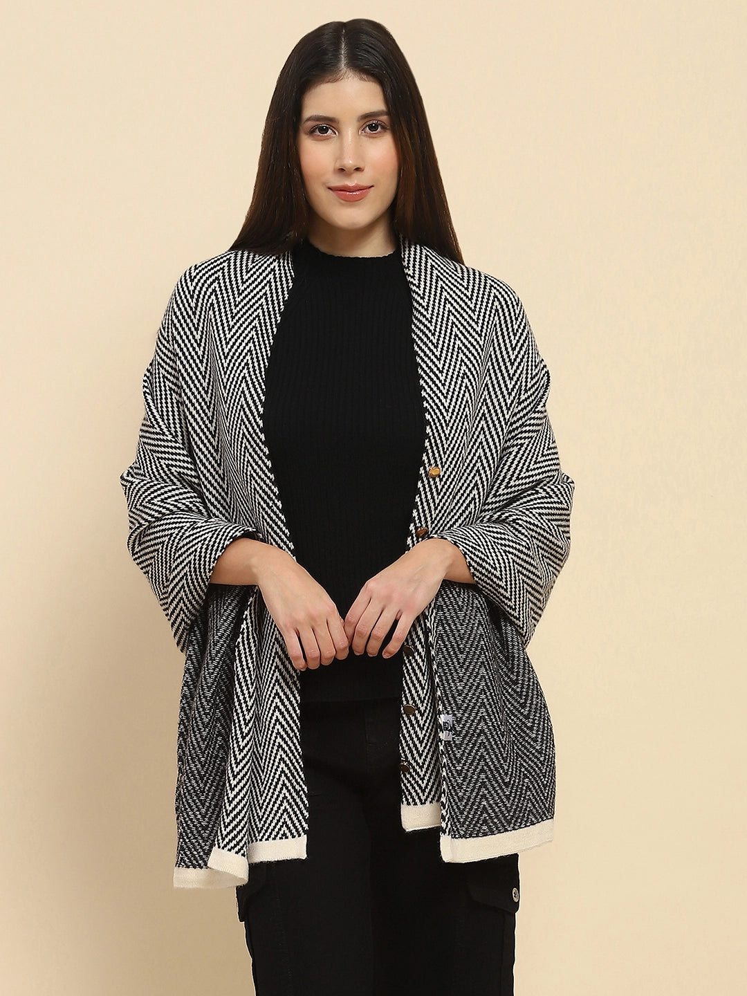 Black Viscose Knitted Loose Cape/Shawl - Global Republic