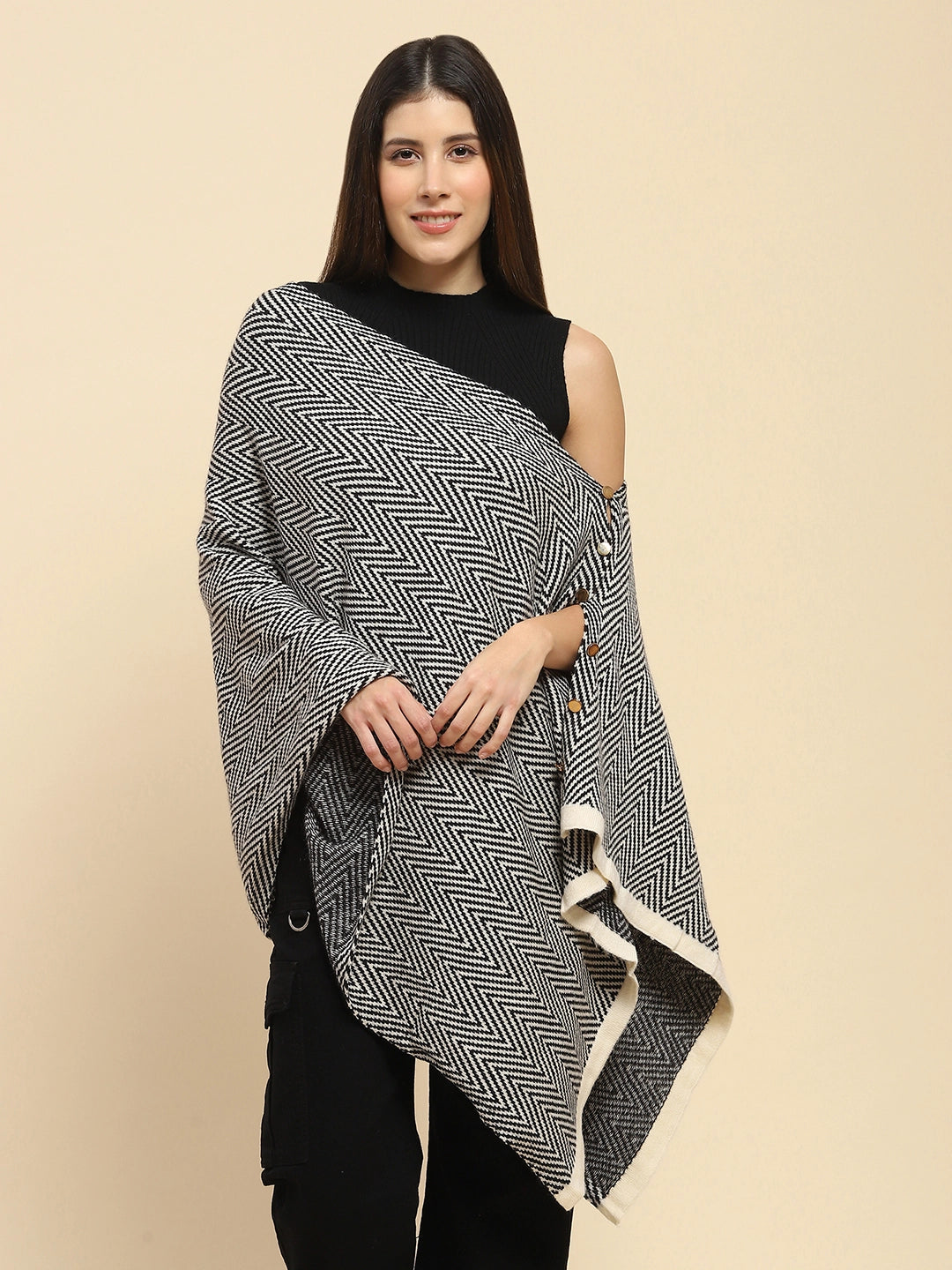 Black Viscose Knitted Loose Cape/Shawl - Global Republic