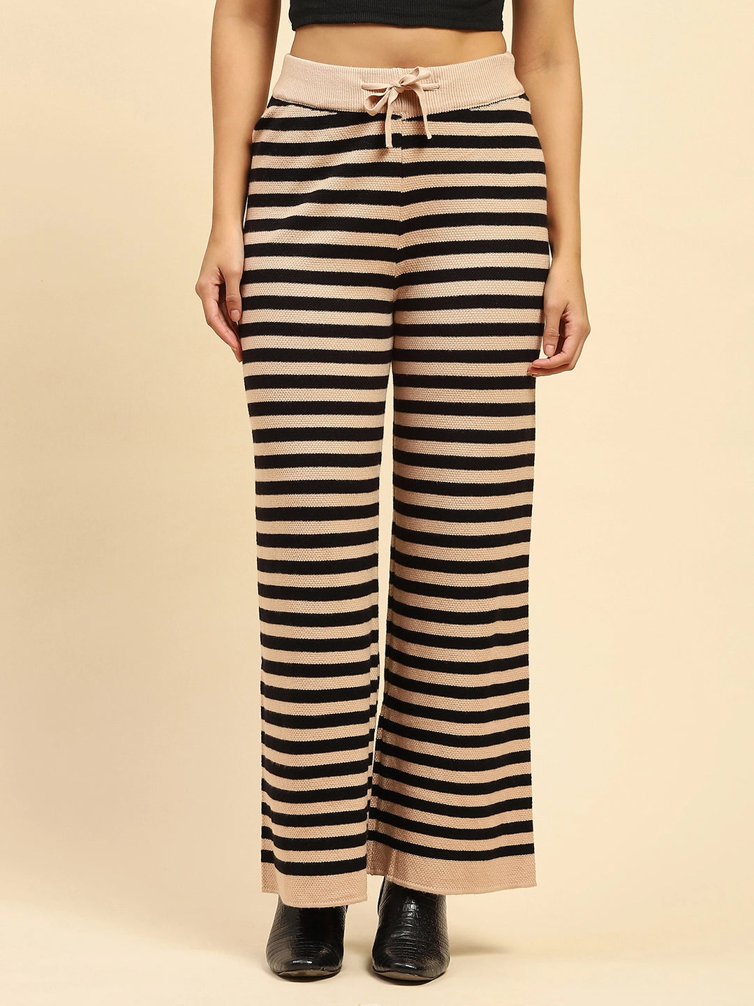 Black And Beige Striped Viscose Lower - Global Republic